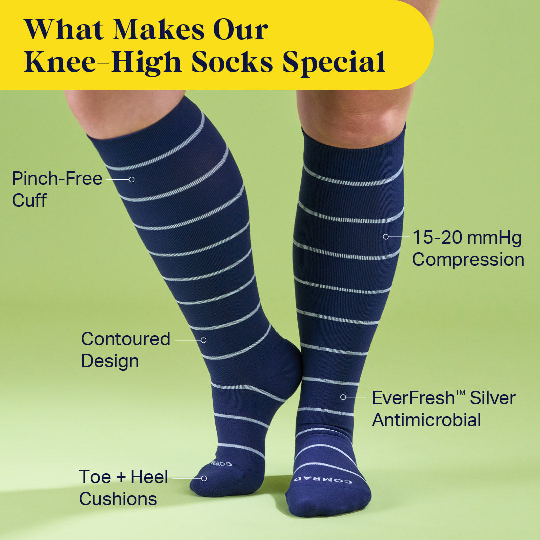 Knee-High Compression Socks – Stripes Navy/Sand