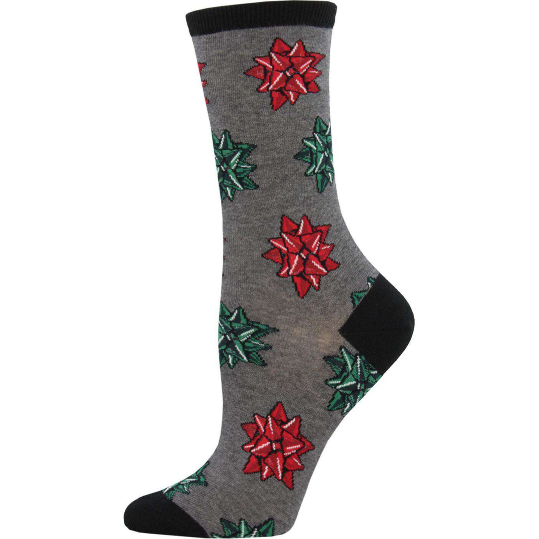 Sock Smith Holiday Socks Gray / Women's 4 - 10 Christmas Bows Socks  | Crew Socks for Women